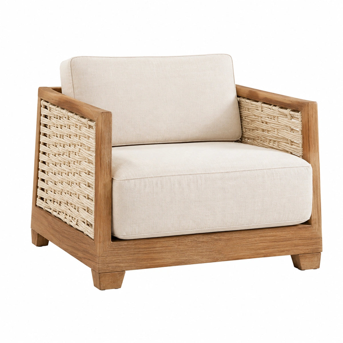 Fauteuil 80 x 80 x 78 cm en bois naturel et tissu beige - accoudoirs tressés style bohème