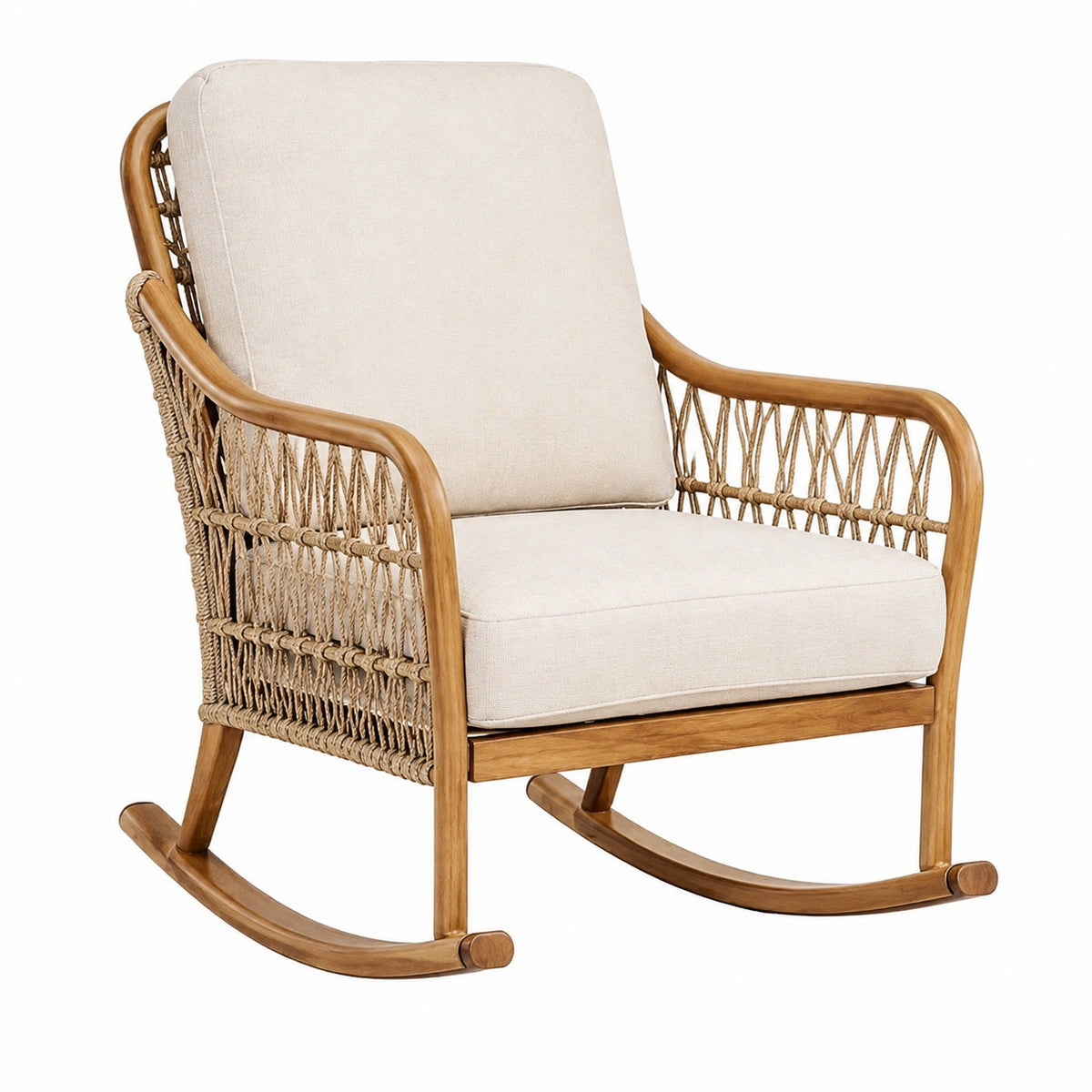 Fauteuil à bascule 68 x 92 x 95 cm en bois et corde beige pour intérieur style bohème
