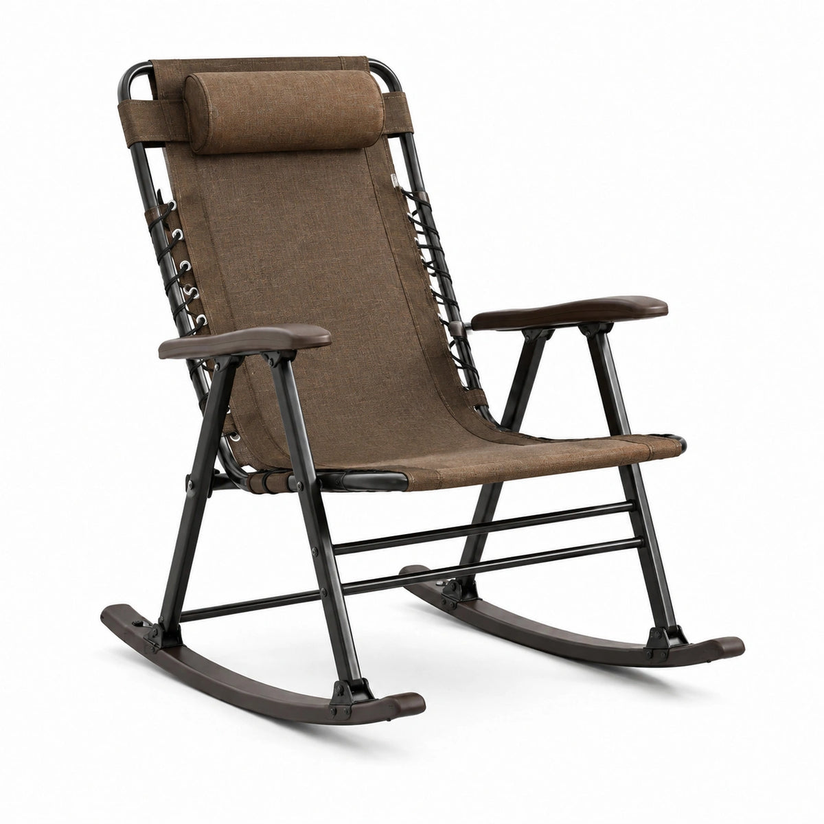 Fauteuil à bascule pliant 100 x 65 x 105 cm en toile marron avec structure en acier pour extérieur