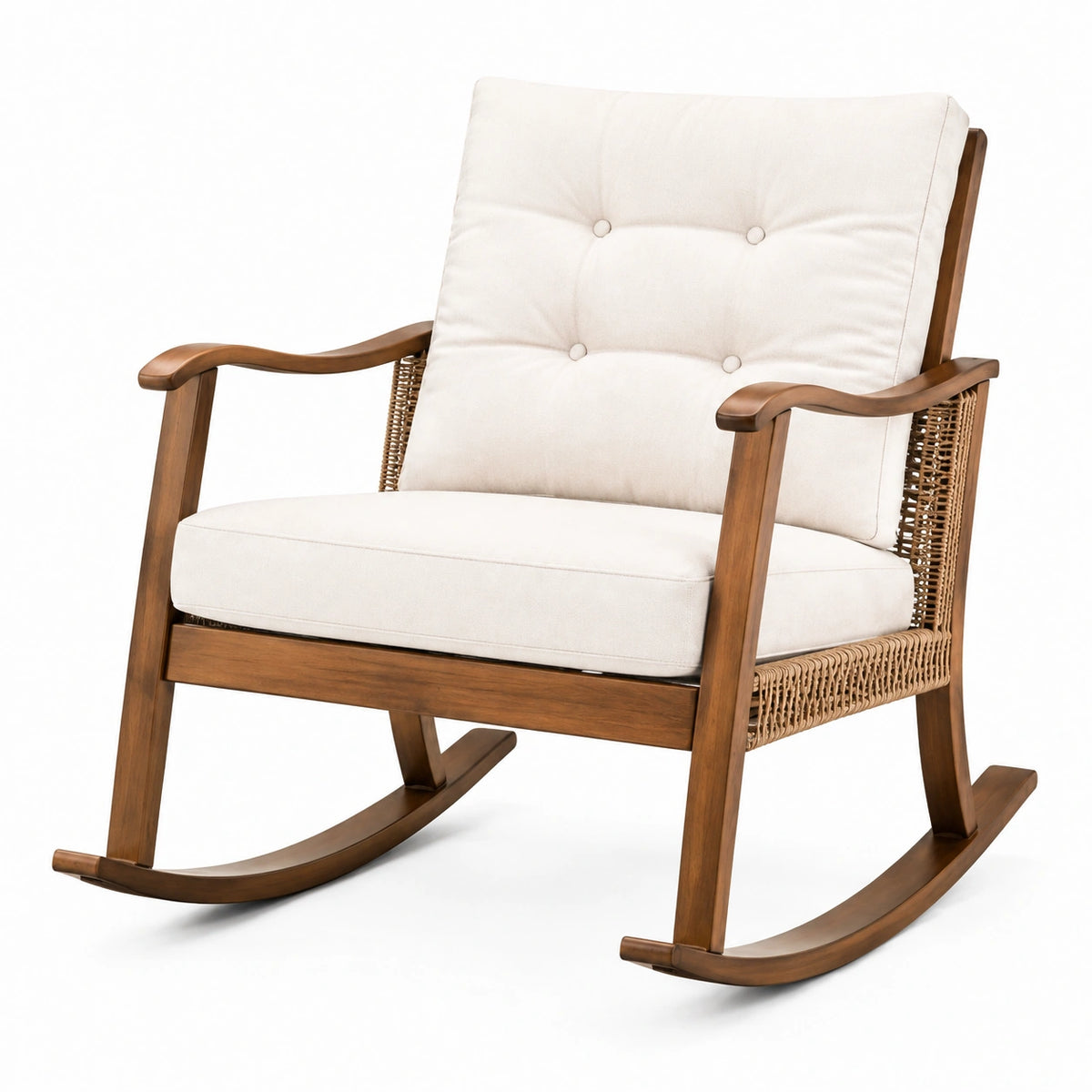 Fauteuil à bascule 70 x 92 x 100 cm en bois rotin et tissu écru style vintage