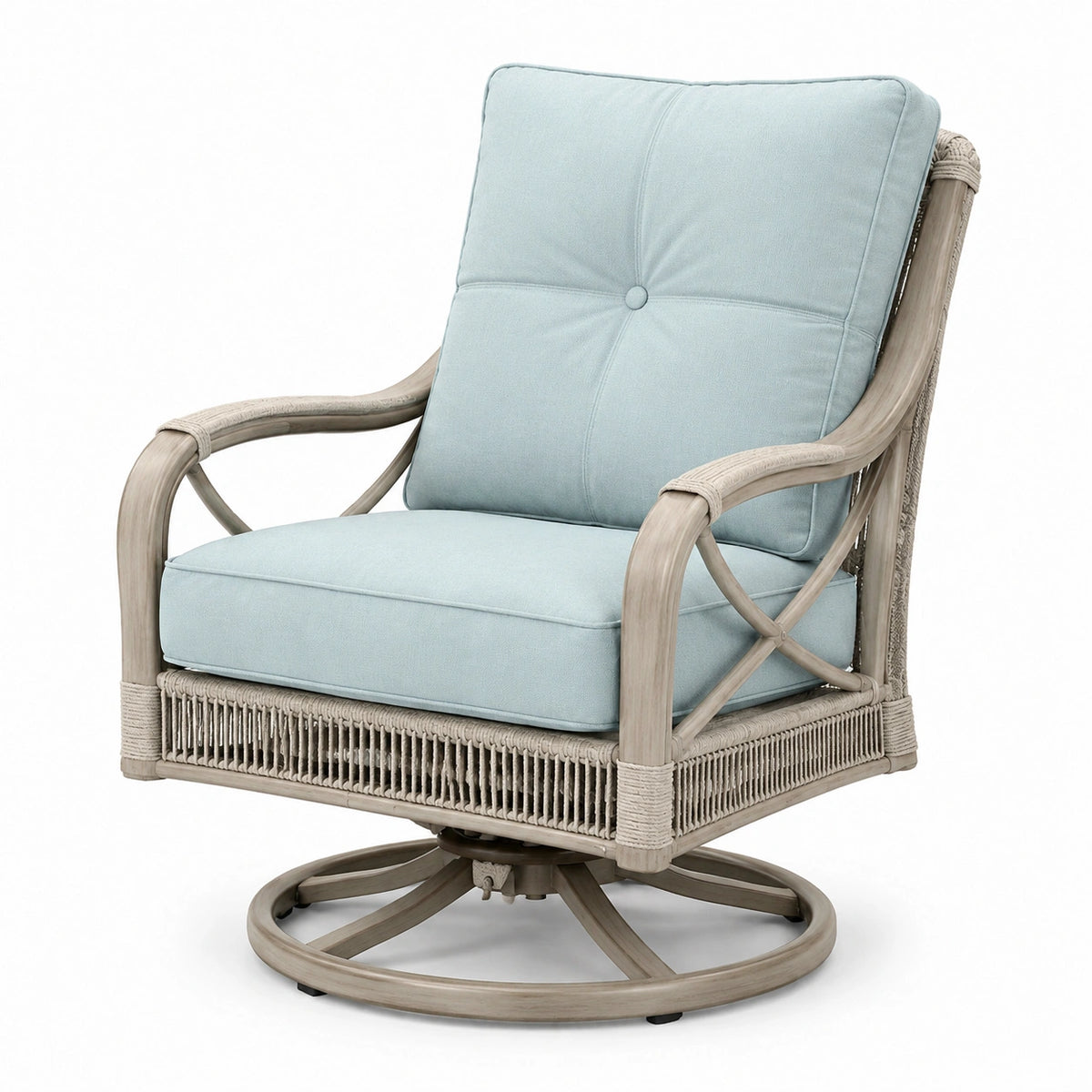 Fauteuil de jardin pivotant 81 x 86 x 98 cm en corde beige avec coussins bleu clair