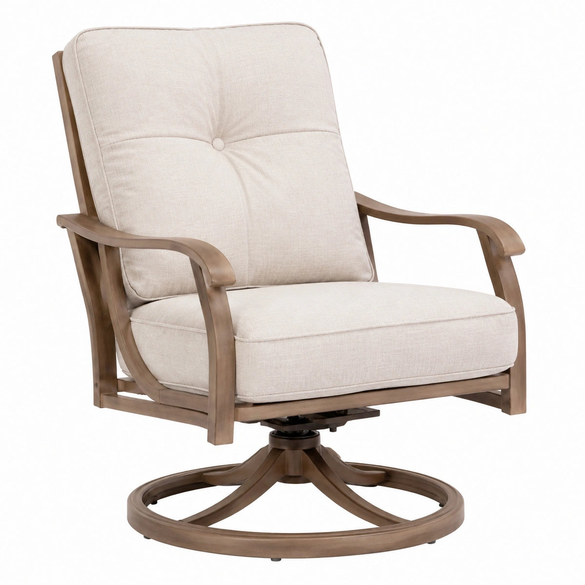 Fauteuil pivotant 82 x 70 x 102 cm en bois et tissu beige avec accoudoirs