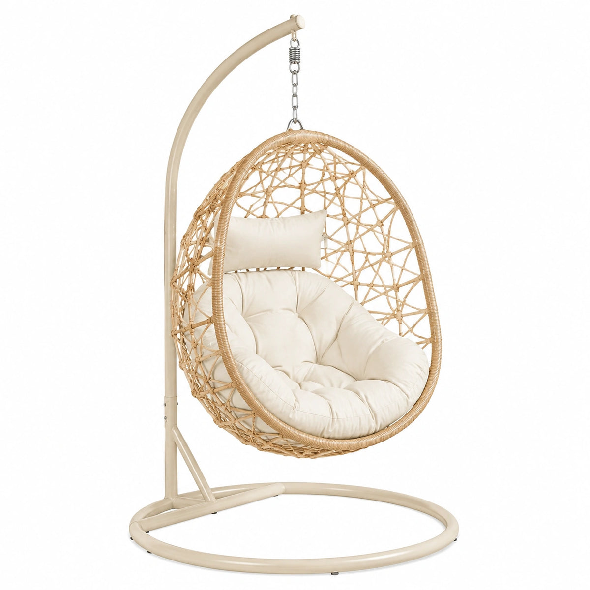 Fauteuil suspendu 105 x 105 x 195 cm en résine tressée beige avec support métallique style bohème