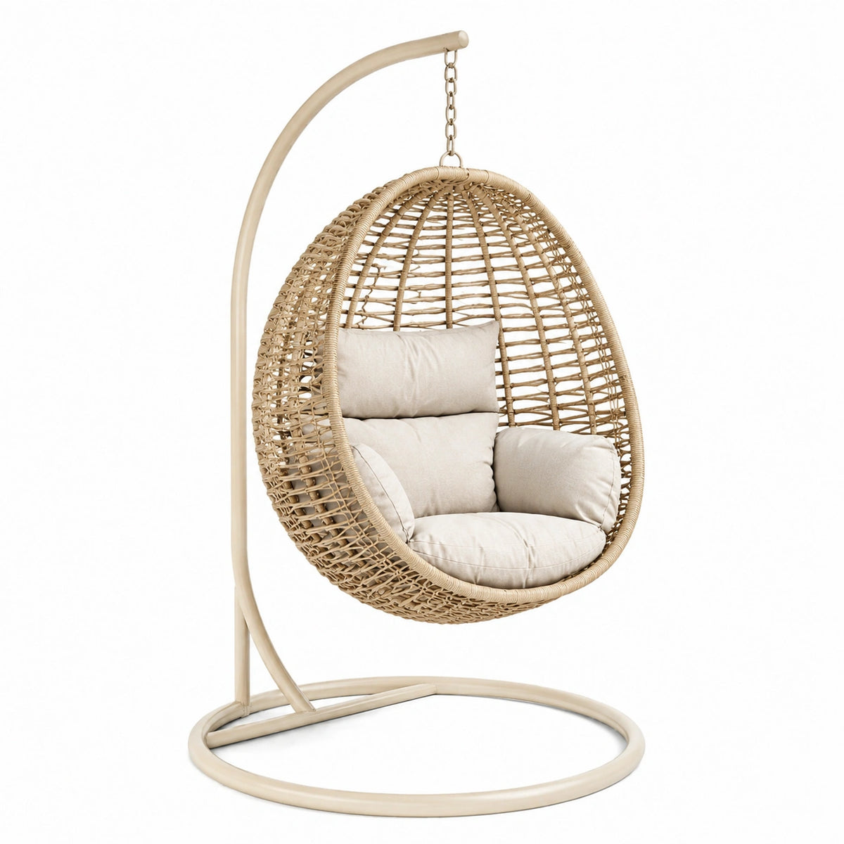 Fauteuil suspendu 105 x 105 x 195 cm en rotin beige avec support métallique style bohème