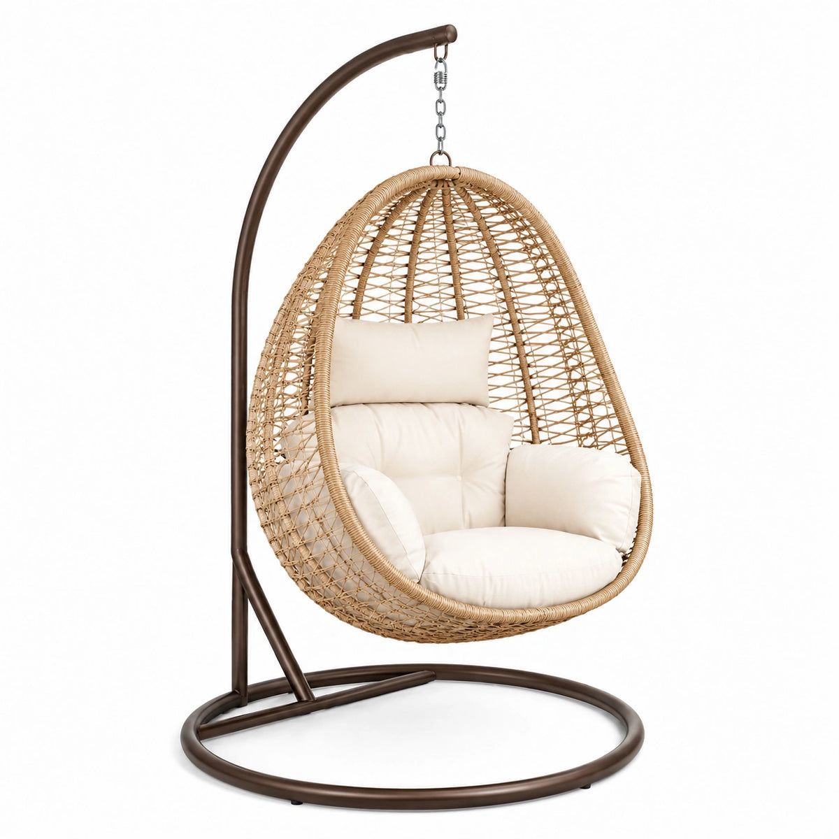 Fauteuil suspendu 105 x 105 x 195 cm en rotin beige avec support acier style bohème pour intérieur