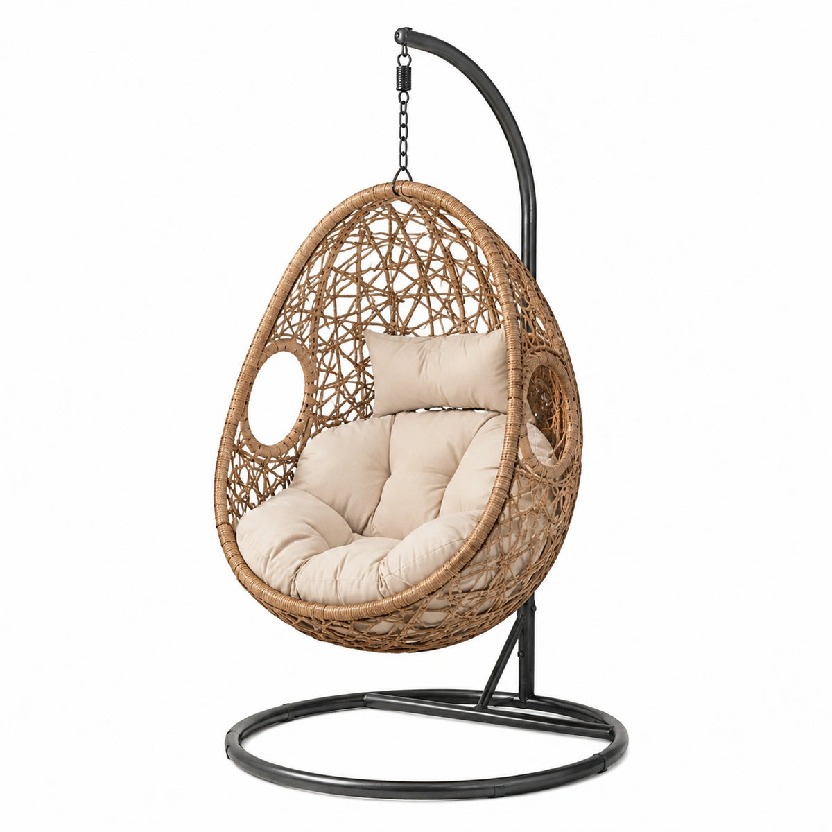 Fauteuil suspendu 95 x 95 x 195 cm en rotin naturel avec support en métal noir style bohème