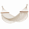 Hamac 200 x 100 cm en tissu beige avec barres en bois style bohème pour intérieur