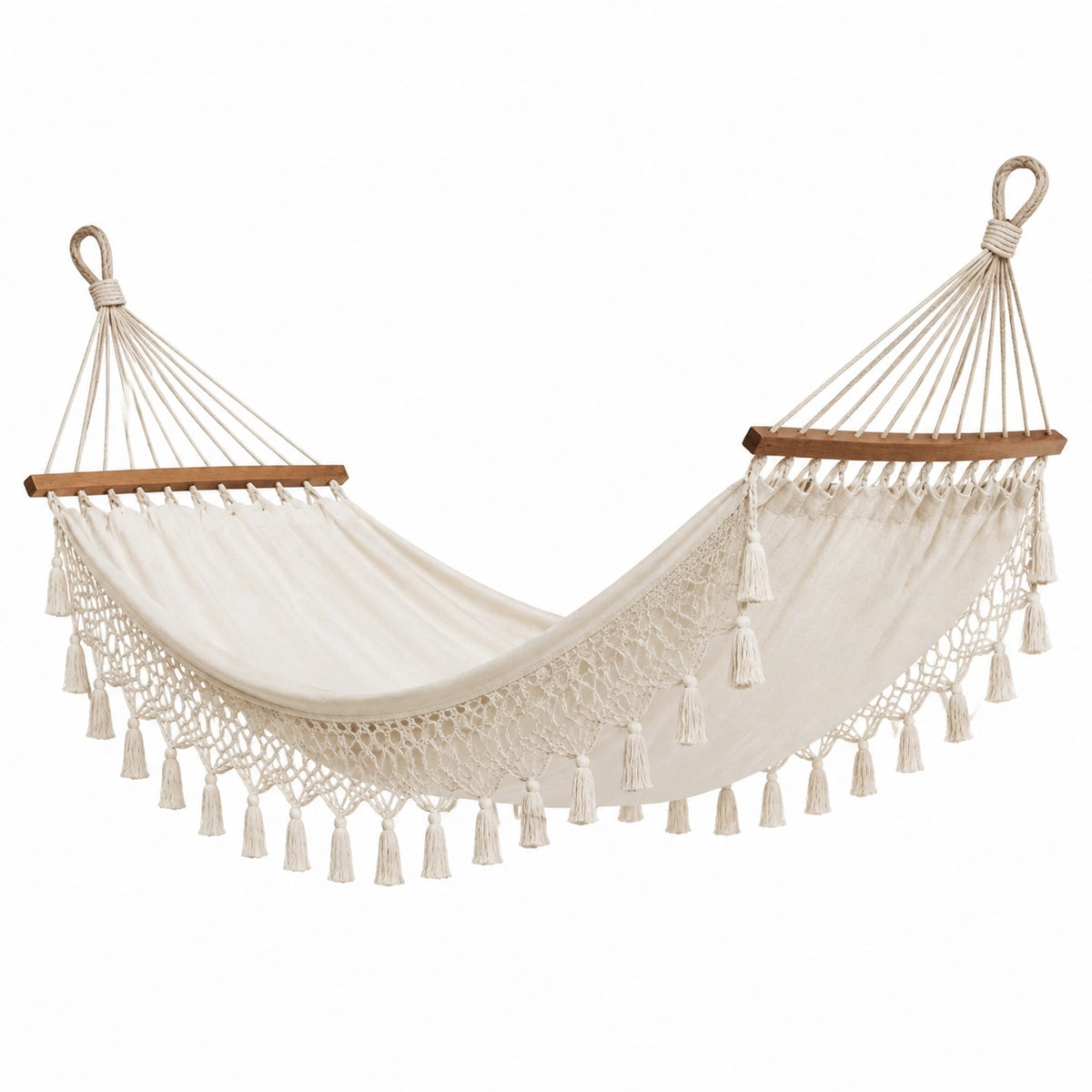 Hamac 200 x 100 cm en tissu beige avec barres en bois style bohème pour intérieur