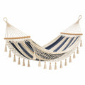Hamac 200 x 100 cm en tissu beige et bleu avec franges style bohème