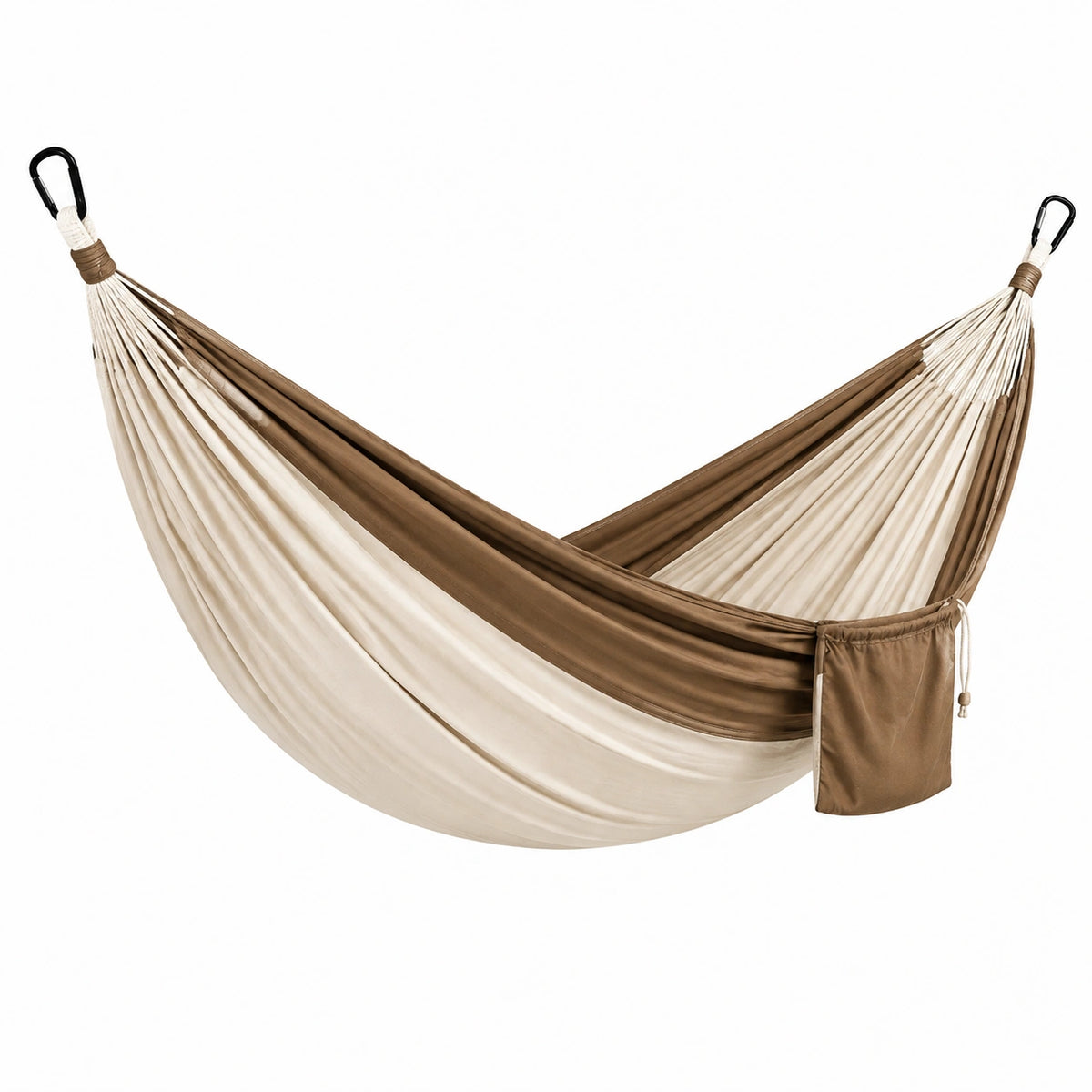 Hamac 270 x 140 cm en tissu beige et marron avec mousquetons et pochette de rangement